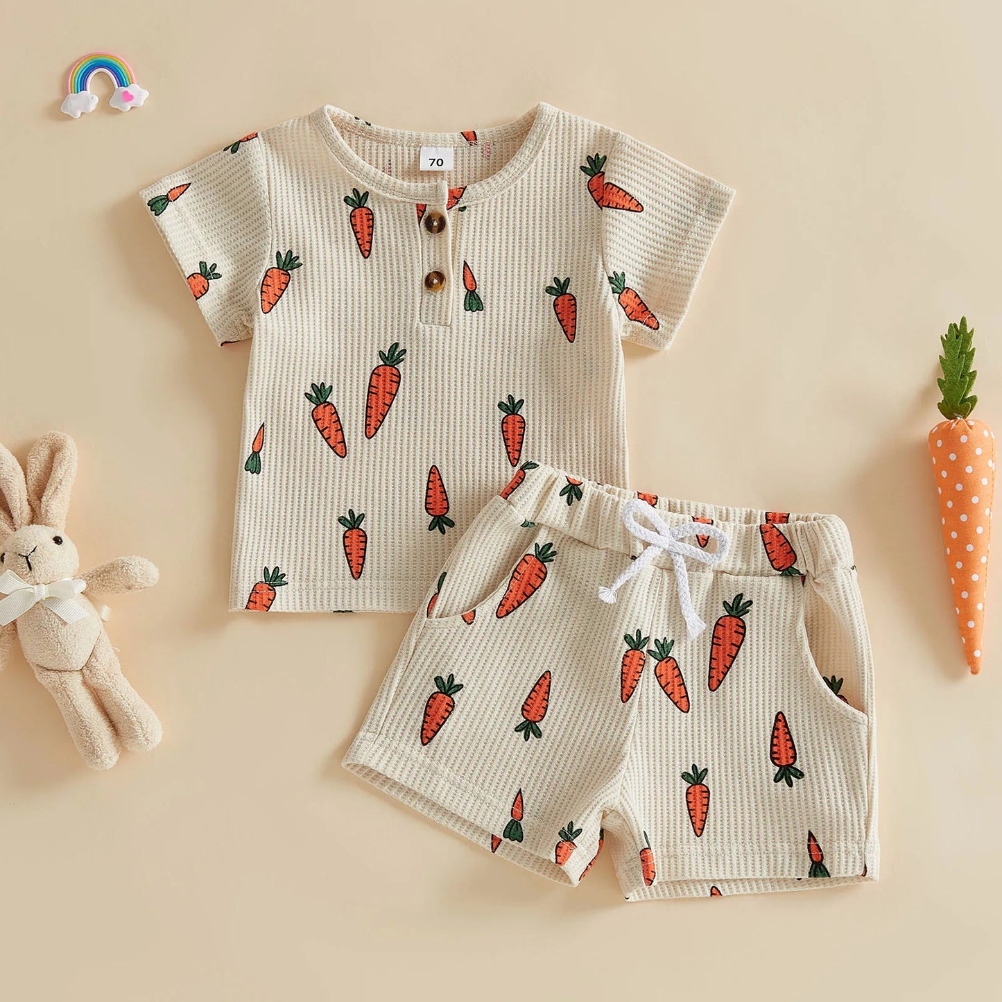 Baby Toddler Boys Girls 2Pcs Easter Outfit Carrot Print Short Sleeve Crew Neck T-shirt Top with Shorts 2-piece Set