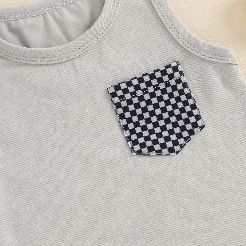 Baby Toddler Boys 2Pcs Sleeveless Tank Top with Pocket and Checkerboard Print Shorts Set Outfit