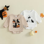 Baby Boys Girls Halloween Bubble Romper Long Sleeve Round Neck Black Cat Ghost Print Romper Fall Playsuit
