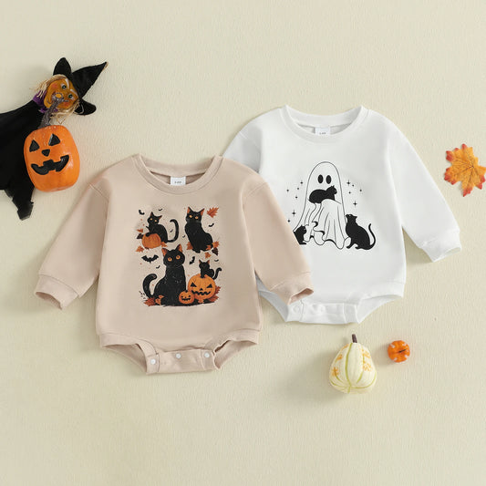 Baby Boys Girls Halloween Bubble Romper Long Sleeve Round Neck Black Cat Ghost Print Romper Fall Playsuit