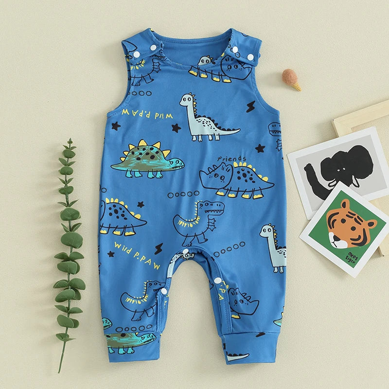 Baby Boys Summer Casual Jumpsuit Sleeveless Dinosaur Cartoon Print Button Romper