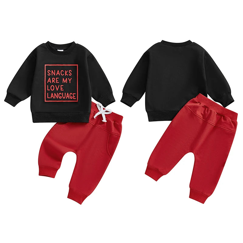 Baby Toddler Boys 2Pcs Snacks Are My Love Language Fall Outfit Letter Print Long Sleeve Top and Long Pants Jogger Set