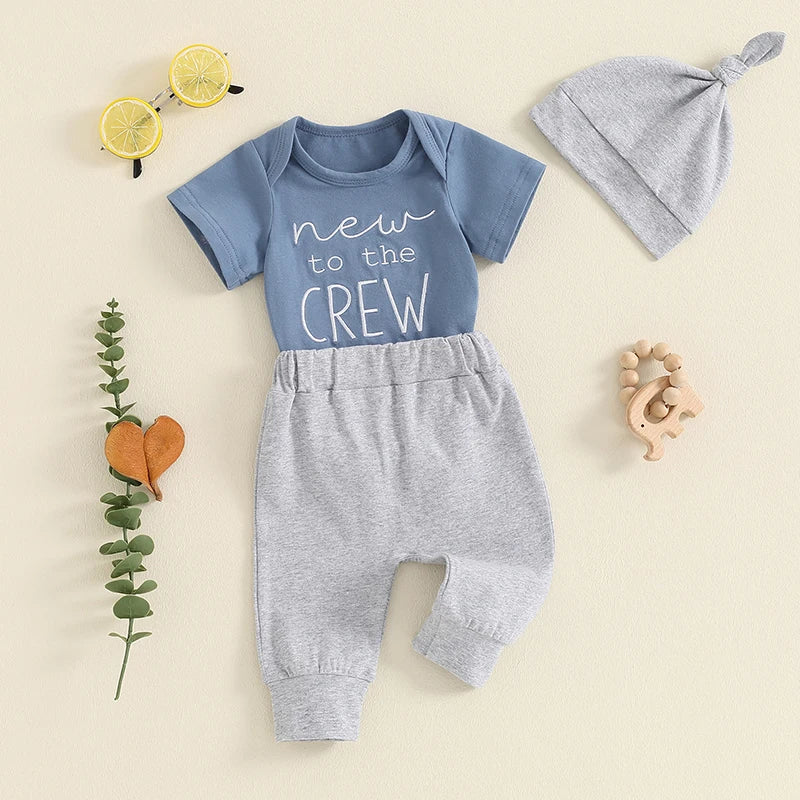 Baby Boy 3Pcs New To The Crew Outfit Letter Short Sleeve Romper with Solid Color Pants and Hat Set