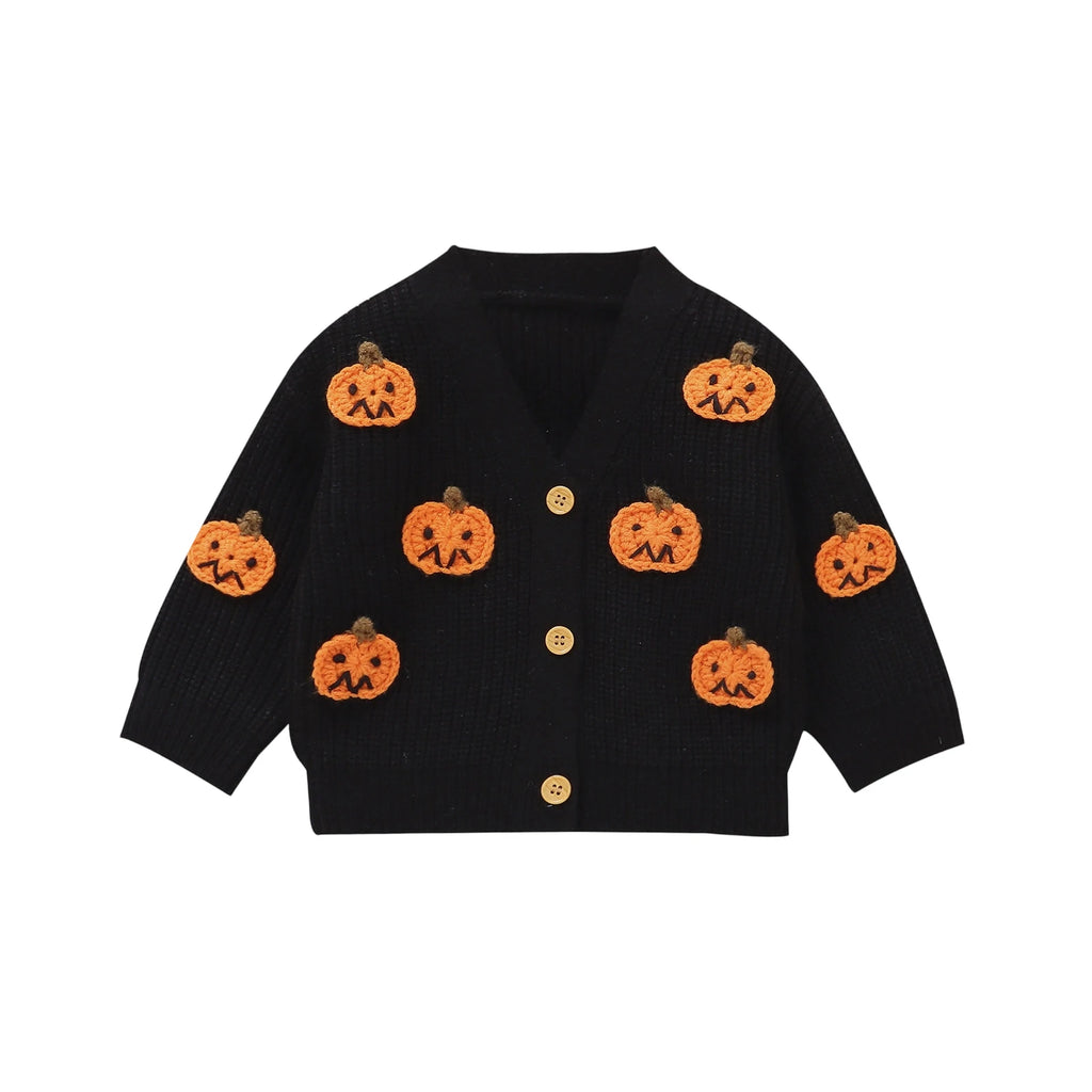Baby Toddler Boys Girls Knit Cardigan Cute Halloween Pumpkin Embroidery Fall V Neck Long Sleeve Button Up Sweater Top