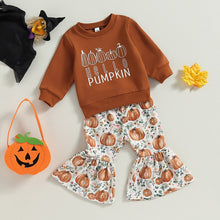 Load image into Gallery viewer, Baby Toddler Girls 2Pcs Halloween Outfit Long Sleeve Little Pumpkin Print Top Pumpkin Print Flared Bell Bottom Pants
