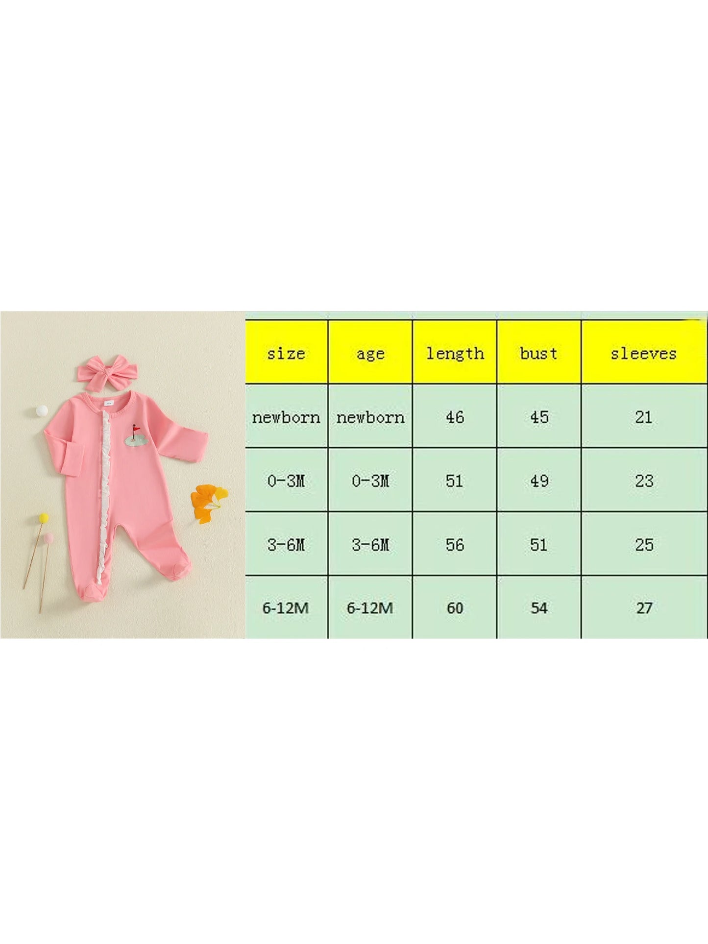 Baby Girls 2Pcs Footies Rompers Golf Embroidered Long Sleeve Round Neck Infant Fall Jumpsuits with Headband Set