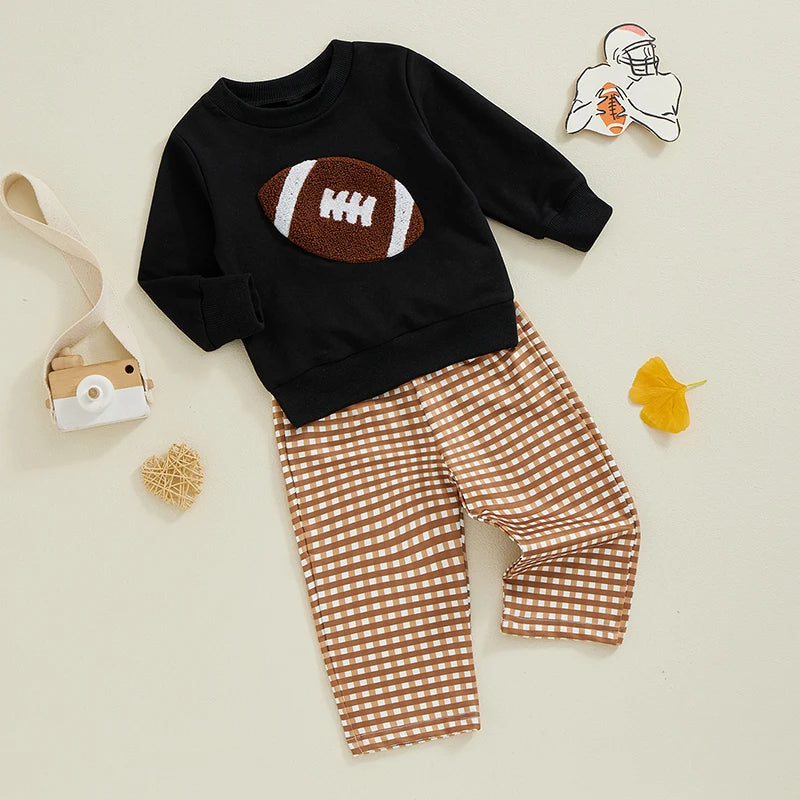 Baby Toddler Boys 2Pcs Fall Set Football Embroidered Long Sleeve Round Neck Top With Plaid Long Pants Outfit