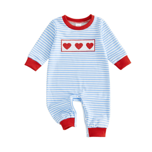Baby Boys Striped Jumpsuit Long Sleeve Crewneck Heart Tarctor Embroidery Loose Fit Romper