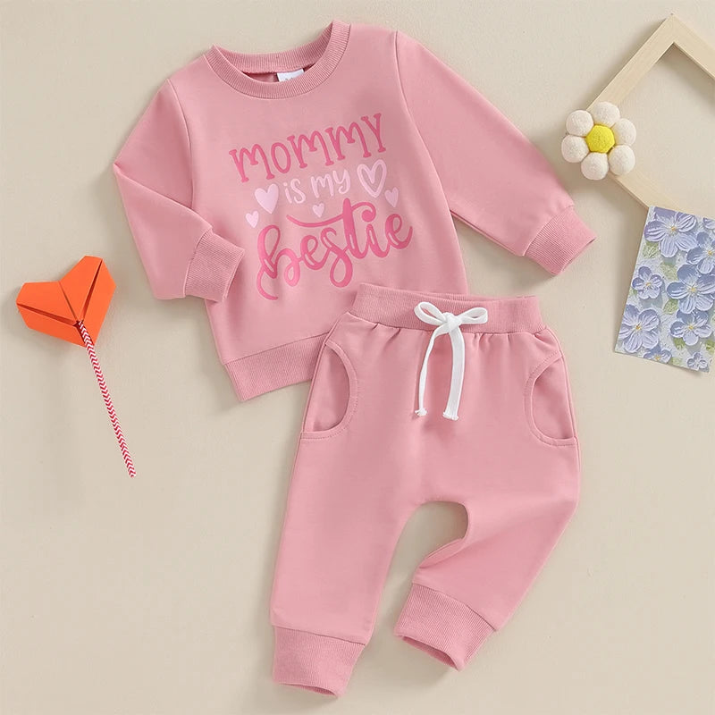 Baby Toddler Girl 2Pcs Outfits Long Sleeve Letters Mama's Bestie / Mommy Is My Bestie Top Jogger Pants Set