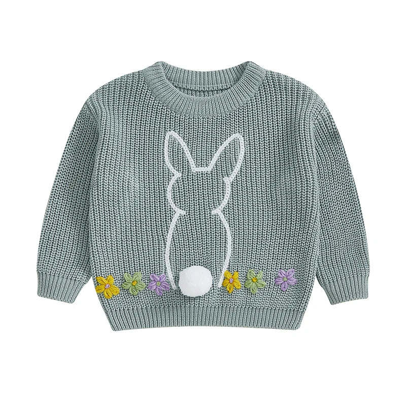 Baby Toddler Girls Sweater Easter Clothes Bunny Rabbit Flower Embroidery Crew Neck Long Sleeve Spring Pullover Top