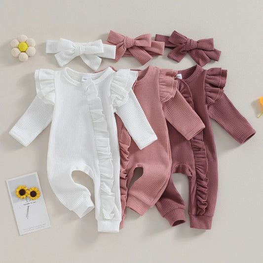 Baby Girl 2Pcs Clothes Ruffle Zipper Romper Long Sleeve Jumpsuit with Bow Headband