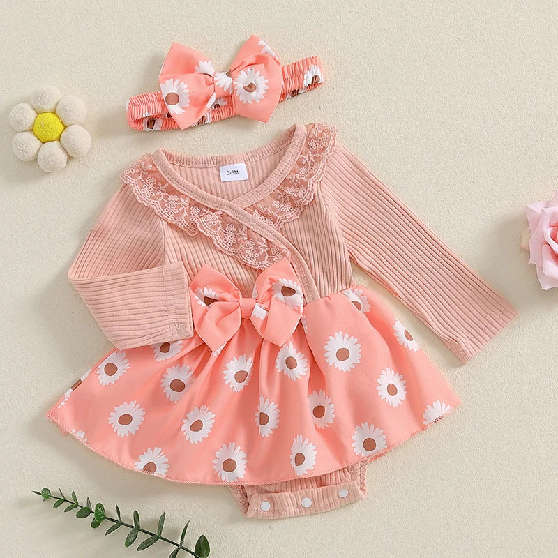 Baby Girls 2Pcs Romper Dress Floral Flower Print Lace Trim Long Sleeve Jumpsuit Romper and Headband Set