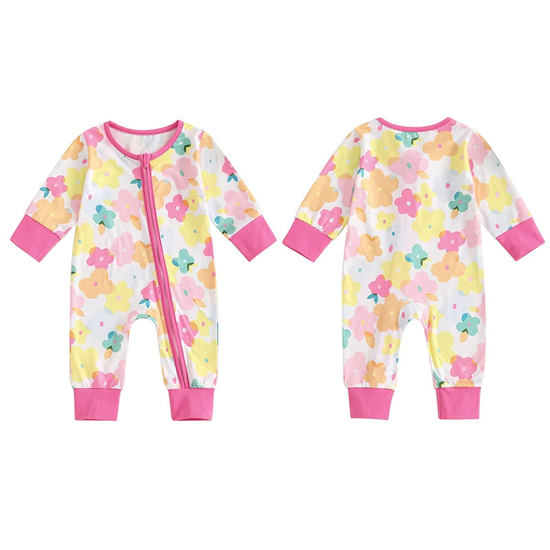 Baby Girls Jumpsuit Long Sleeve Crew Neck Flower Pumpkin Bow Print Zipper Romper