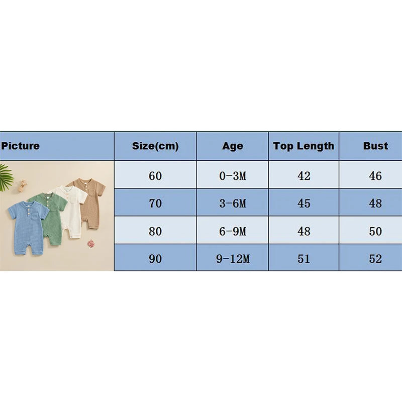 Baby Boy Girl Jumpsuit Summer Short Sleeve Solid Color Waffle Button Romper Playsuit