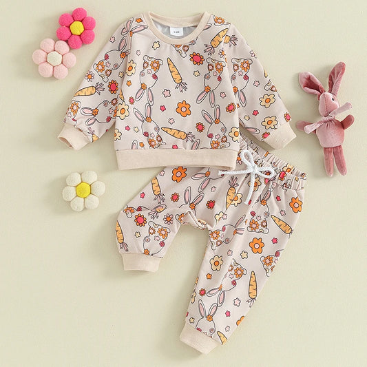 Baby Toddler Boy Girl 2Pcs Easter Outfit Long Sleeve Bunny Rabbit Carrot Print Top with Jogger Pants Set