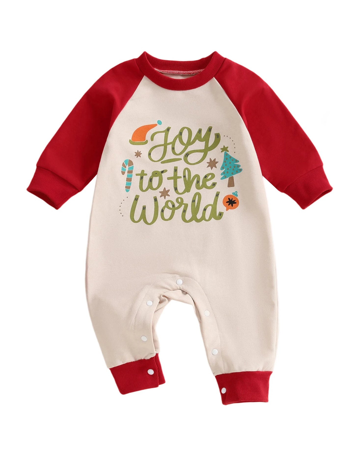 Baby Boys Girls Joy To The World Christmas Romper Letter Tree Long Raglan Sleeve Crewneck Jumpsuit Winter Clothes
