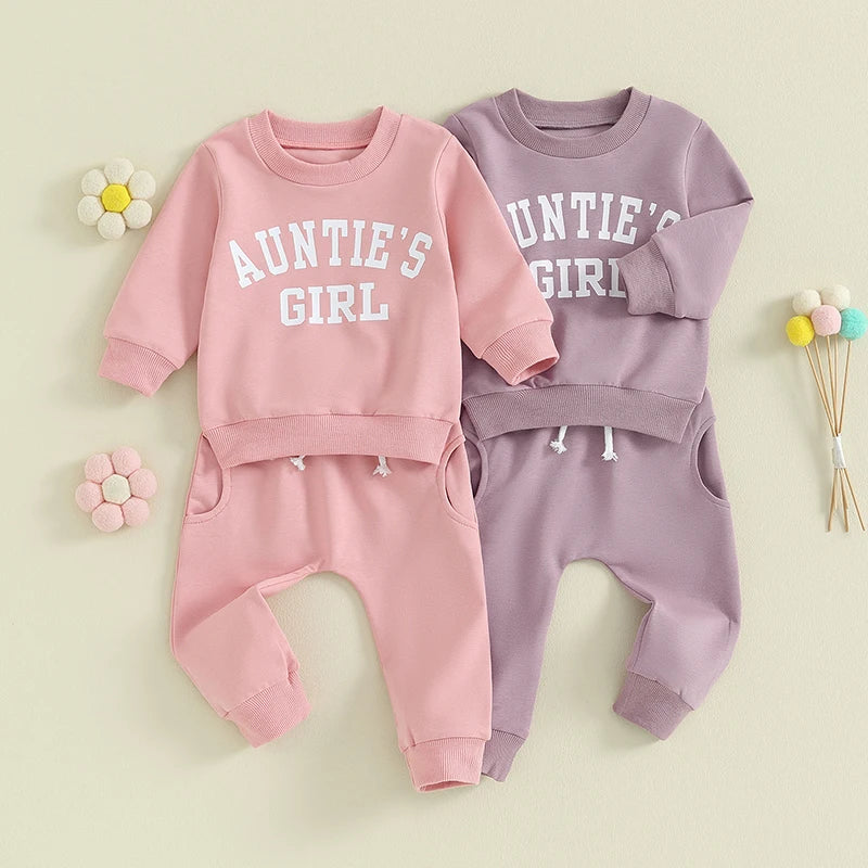 Toddler Baby Girls 2Pcs Clothes Sets Long Sleeve Letter Auntie's Girl Print Pullover Top + Pants Set