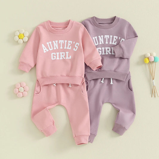 Toddler Baby Girls 2Pcs Clothes Sets Long Sleeve Letter Auntie's Girl Print Pullover Top + Pants Set