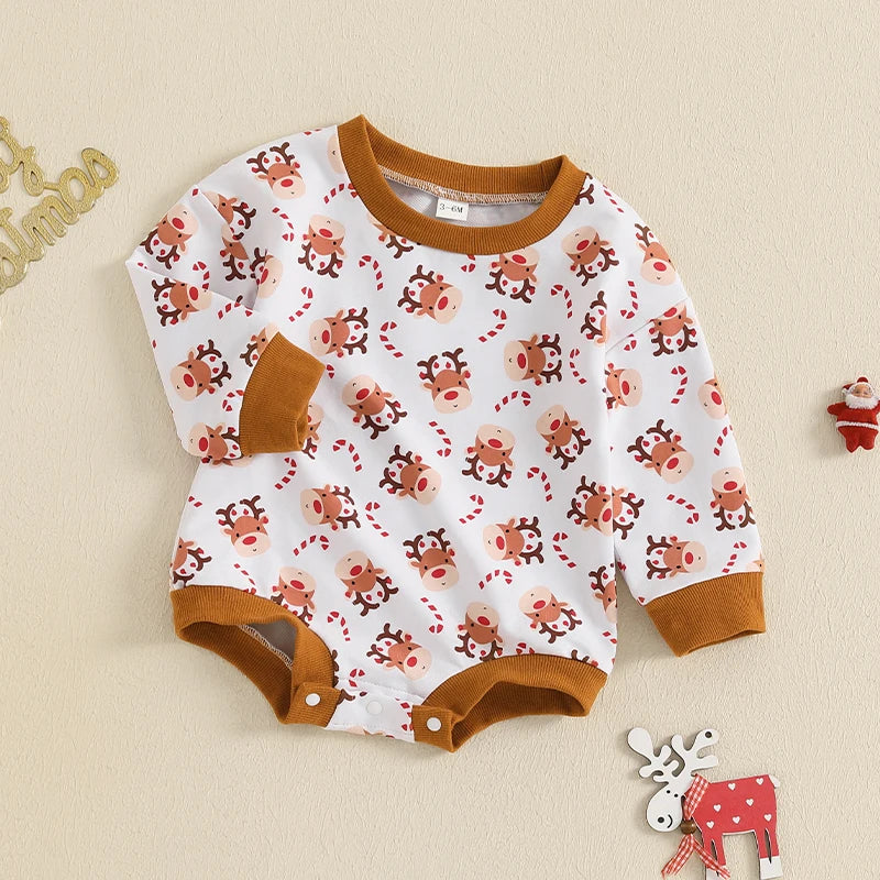 Baby Girls Boys Christmas Jumpsuit Long Sleeve Crewneck Reindeer Print Bubble Romper