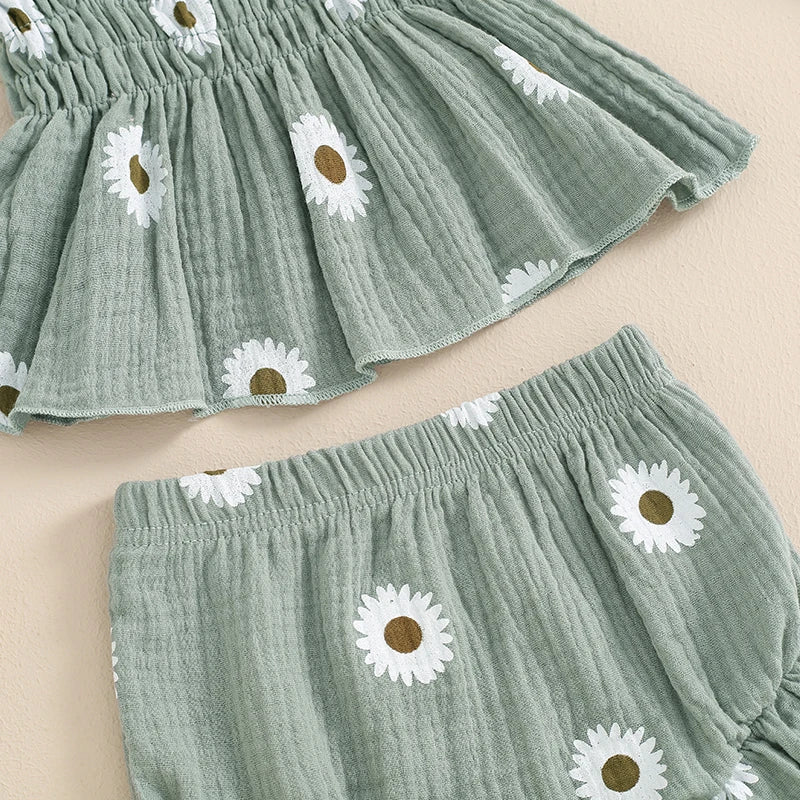 Baby Girls 3Pcs Shorts Set Spaghetti Straps Pleated Flower Print Camisole Top with Shorts Hairband Summer Outfit