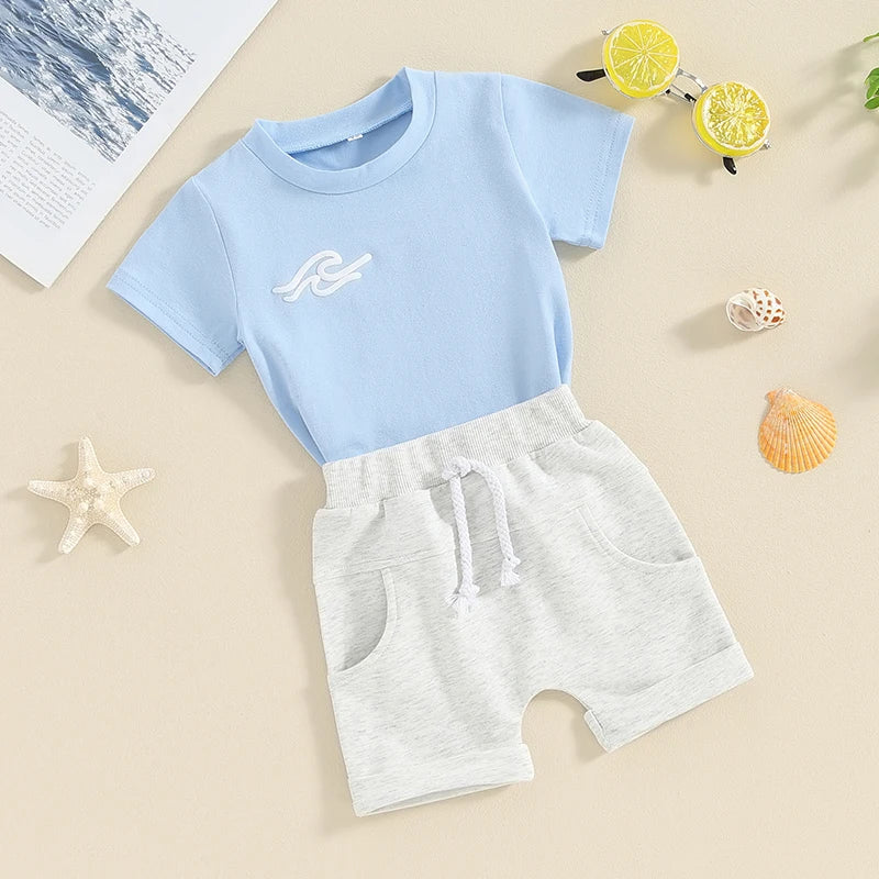 Toddler Baby Boy Girl 2Pcs Outfits Sunny Days Club Wave Short Sleeve T-Shirt Top Pants Shorts Set Summer