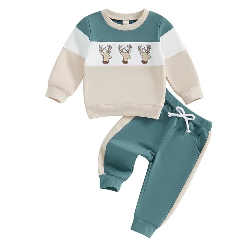 Baby Toddler Boy 2Pcs Christmas Winter Jogger Set Reindeer Whale Deer Duck Embroidery Long Sleeve Crewneck Pocket Long Pants Contrast Outfit