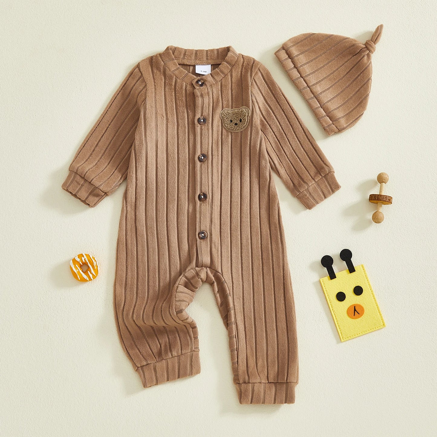 Baby Toddler Boy 2Pcs Jumpsuit and Hat Set Long Sleeve Bear Embroidery Button Down Romper with Hat Newborn Outfit