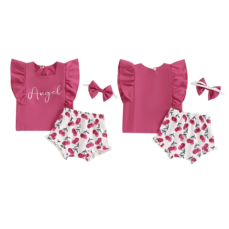 Baby Toddler Girls 3Pcs Angel Summer Outfit Letter Print Ruffles Sleeveless Tank Top with Lemon/Cherry Print Shorts Bloomers and Bow Headband Set