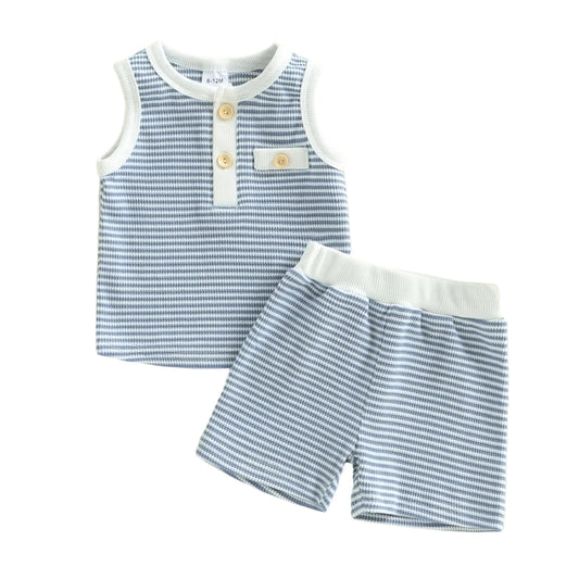 Baby Toddler Boys 2Pcs Summer Outfit Contrast Color Striped Half Button Up Crew Neck Sleeveless Tank Top and Shorts Set