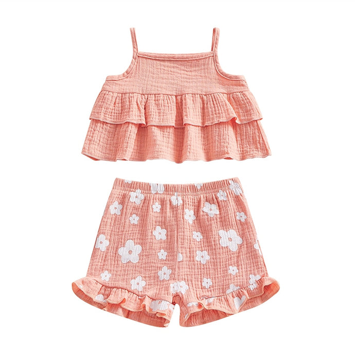 Baby Kids Girls 2Pcs Ruffle Layer Camisole Flower Print Shorts Summer Outfit
