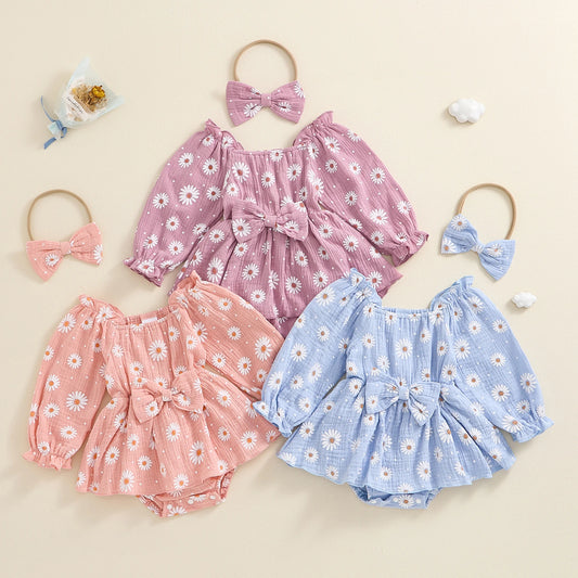 Baby Girls 2Pcs Autumn Romper Dress Long Sleeve Off Shoulder Poof Sleeve Flowers Print Floral Romper with Headband Set