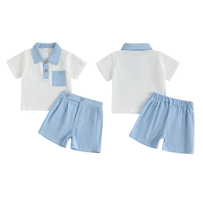 Baby Toddler Boys 2Pcs Summer Outfit Contrast Color Button Turn Down Collar Short Sleeve Shirt Top with Shorts Set