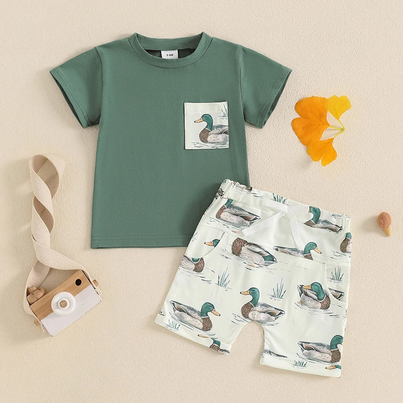 Baby Toddler Boys 2Pcs Duck Print Spring Outfit Short Sleeve T-Shirt Top Elastic Waist Shorts Farm Clothes Summer Set