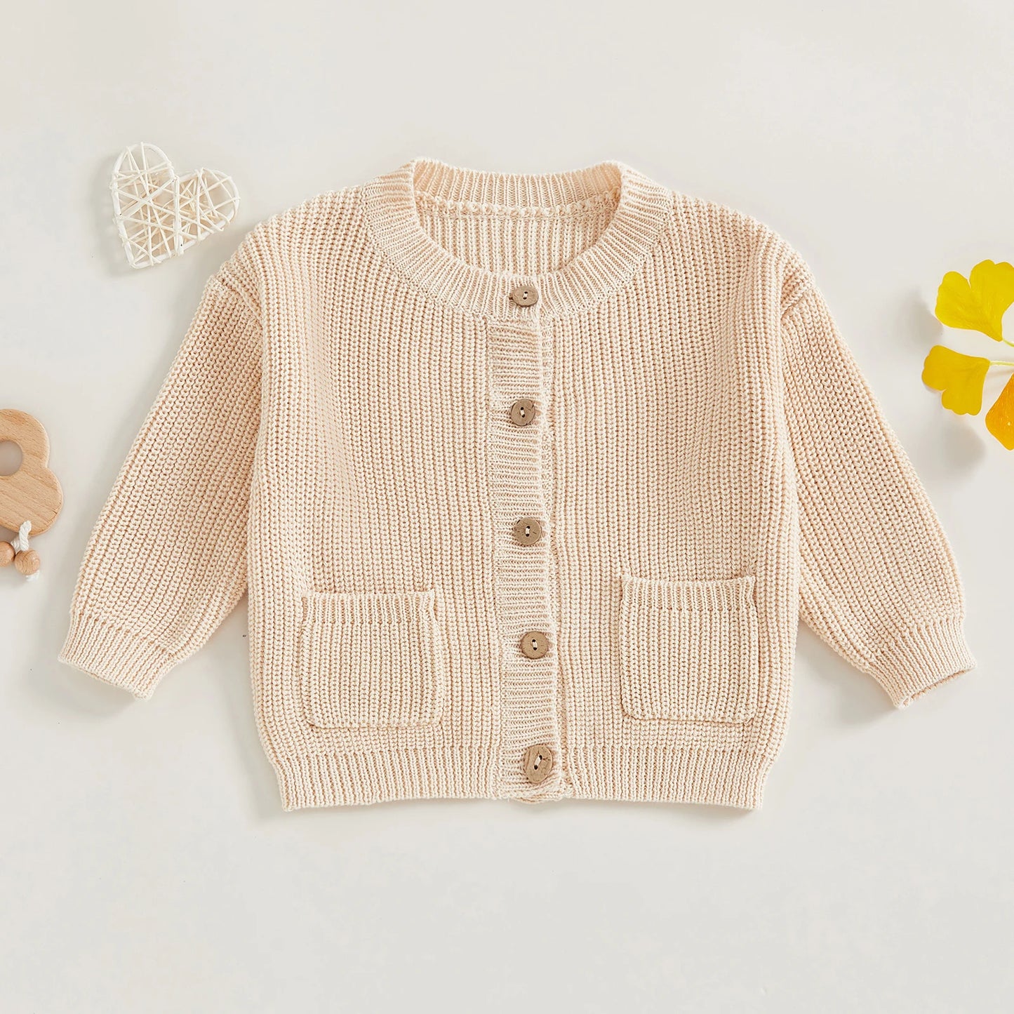 Baby Toddler Girls Boys Knit Cardigan Solid Long Sleeve Crew Neck Button-up Sweater with Pockets Casual Fall Clothes Top