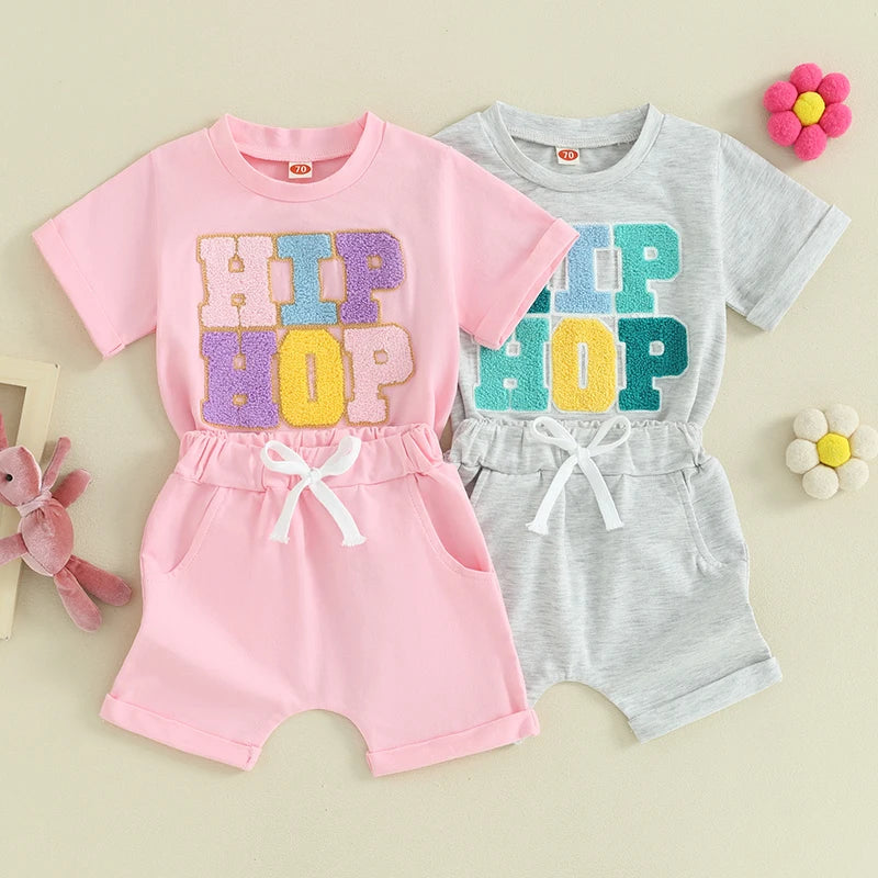 Baby Toddler Boy Girl 2Pcs Easter Set HIP HOP Letter Embroidery Short Sleeve T-Shirt with Solid Color Short Outfit