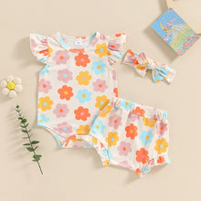 Load image into Gallery viewer, Baby Newborn Girls 3Pcs Set Flying Frill Short Sleeve Strawberry/Floral Flowers Print Romper with Shorts Headband Outfit
