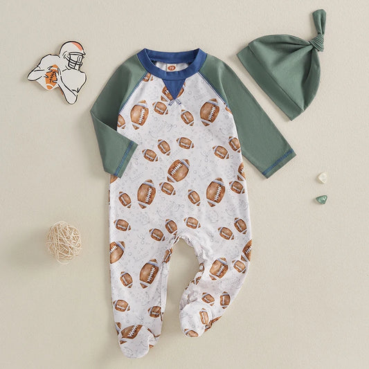 Baby Boys 2Pcs Footie Set Long Sleeve Crew Neck Football Print Jumpsuit Romper with Hat Outfit