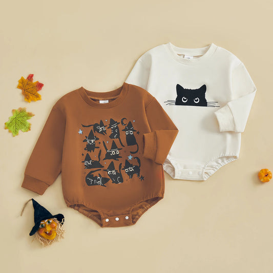 Baby Girls Boys Bubble Romper Long Sleeve Crew Neck Cat Print Fall Halloween Casual Bodysuit Clothes