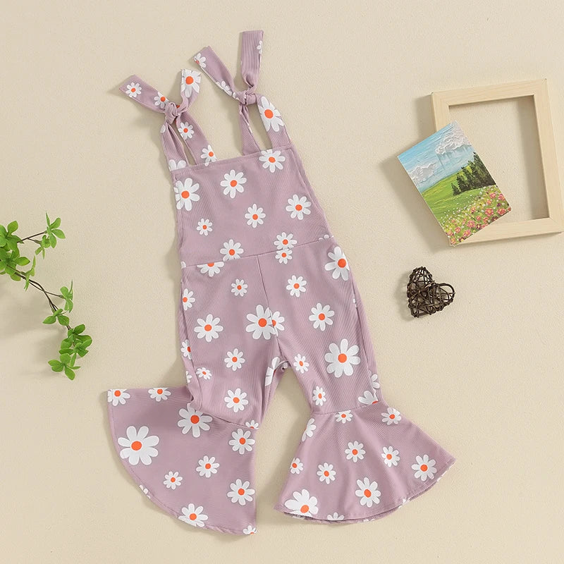 Baby Toddler Girls Summer Flare Leg Jumpsuit Daisy Flower Print Sleeveless Tie-Up Tank Top Bell-Bottoms Romper Overalls