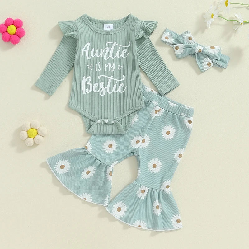 Baby Girls 3Pcs Auntie Is My Bestie Fall Outfit Letter Print Long Sleeve Romper and Elastic Daisy Flower Flared Pants Headband Set