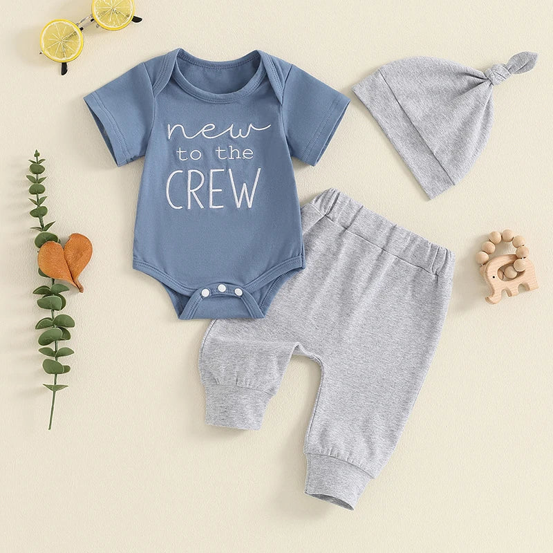 Baby Boy 3Pcs New To The Crew Outfit Letter Short Sleeve Romper with Solid Color Pants and Hat Set