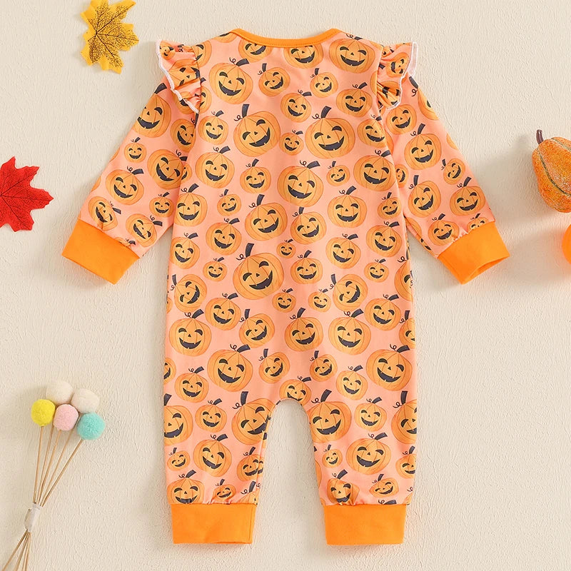 Baby Girls Halloween Romper Pumpkin Print Ruffle Trim Long Sleeve Full Length Zipper Jumpsuit for Fall