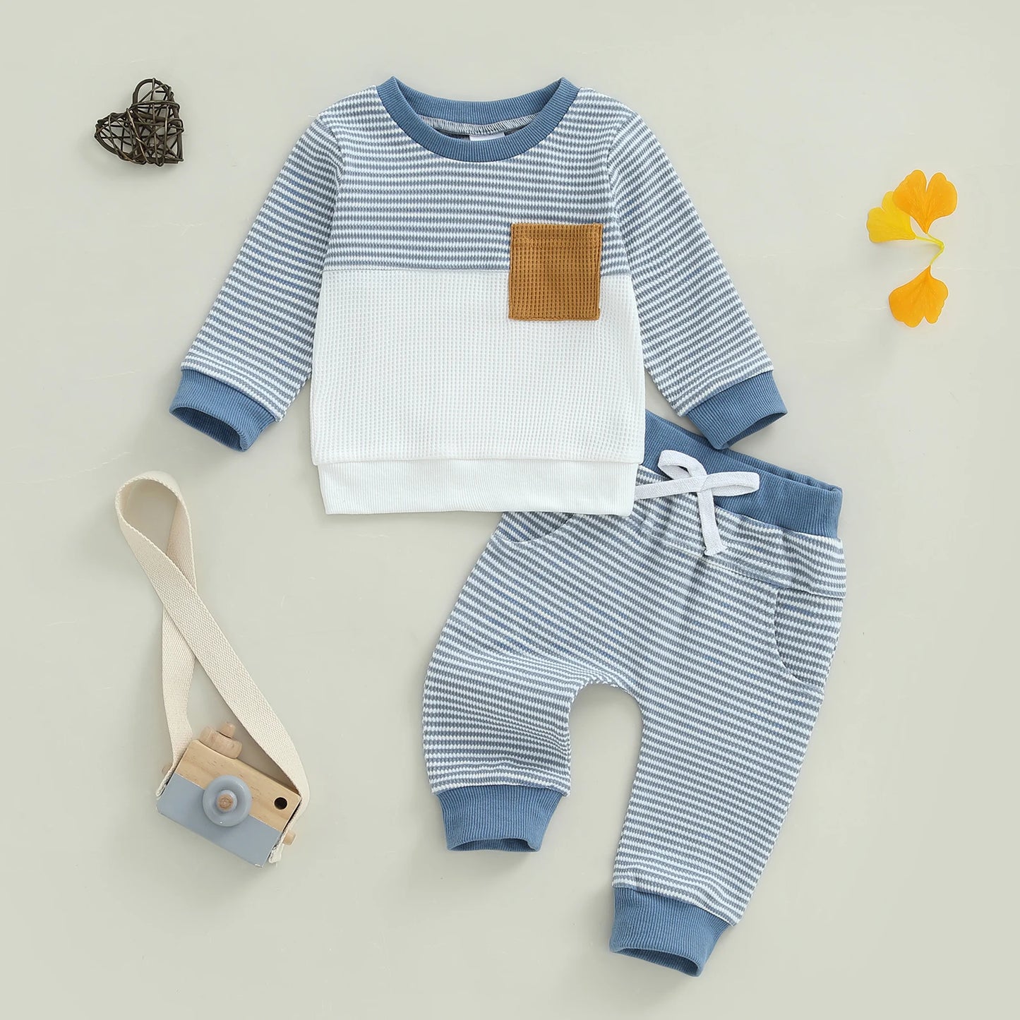 Baby Toddler Boys 2Pcs Fall Waffled Outfits Stripe Pocket Long Sleeve Round Neck Pullover + Elastic Waist Pants Jogger Set