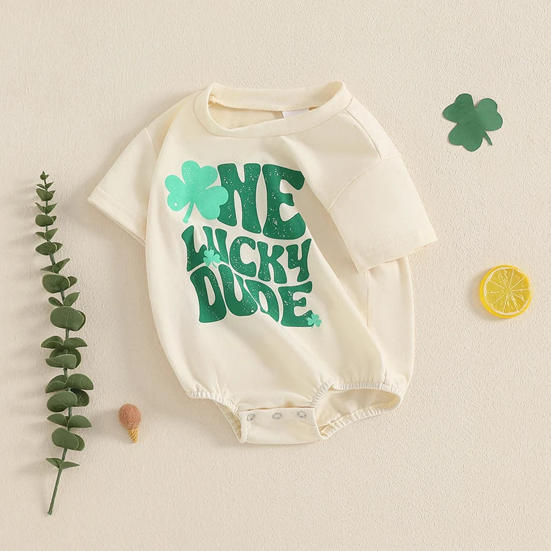 Baby Boys One Lucky Dude St. Patrick's Day Letters Shamrock Romper Infant Irish Clothes Short Sleeve Jumpsuit