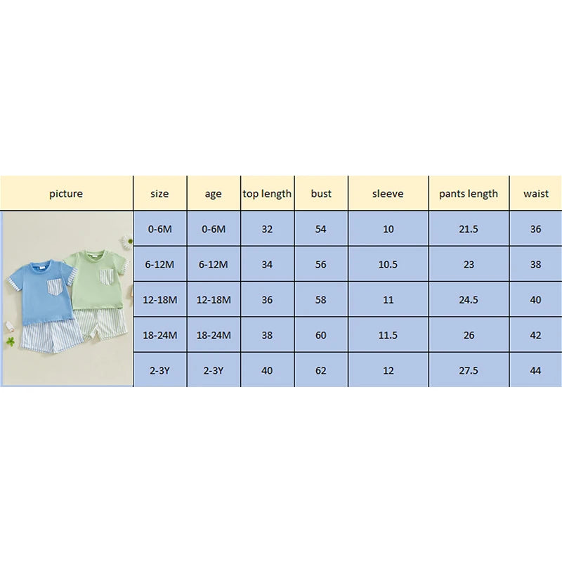 Baby Toddler Boys 2Pcs Set O-Neck Short Sleeve T-shirt Top Striped Elastic Waist Shorts Summer Outfit