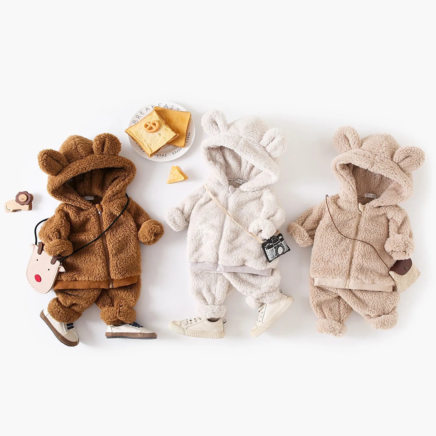 Baby Toddler Boy Girl 2Pcs Bear Winter Clothes Set Zipper Hooded Top with Ears Pant Suit Thick Warm Fleece Two Piece Jogger Set Outfit
