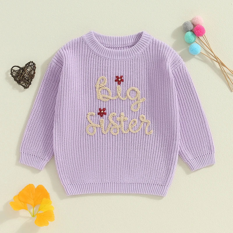 Baby Toddler Kids Girls Big Sister Autumn Winter Knit Sweater Long Sleeve O Neck Letter Embroidery Pullover Knitwear Top