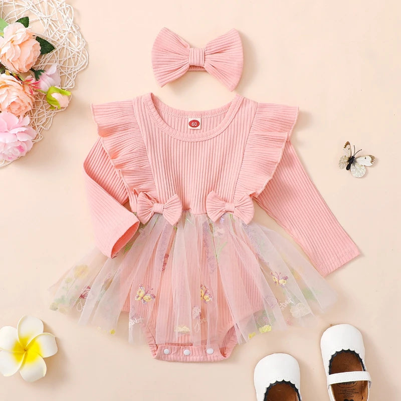 Baby Toddler Girls 2Pcs Outfit Floral Mesh Ruffles Long Sleeve Romper Dress Skirt Tutu and Headband Set