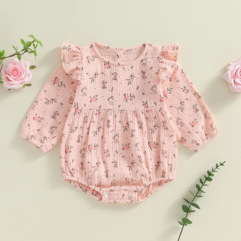 Baby Girls Autumn Romper Poof Sleeve O Neck Floral Flowers Print Frilly Romper