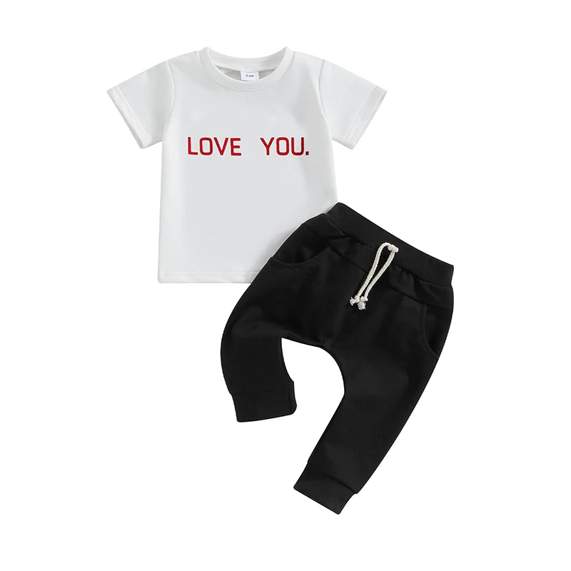 Toddler Baby Boy Girl 2Pcs Valentine's Day Outfit Pullover Short Sleeve Letters LOVE YOU Top Long Pants Set